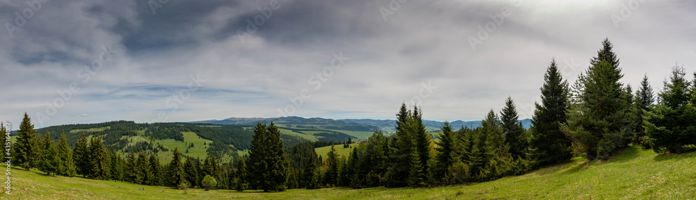 Panoramic landscape view from the top of tmountain on an overcasted day in Romania.