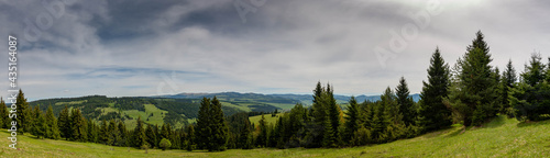 Panoramic landscape view from the top of tmountain on an overcasted day in Romania.