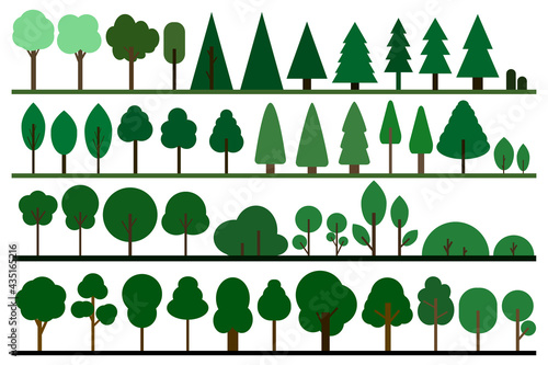 Green trees in a flat design. Various forest line. Natural product, garden, nature cosmetics, cartoon ecology nature sign. Different trees collection. Vector illustration. photo