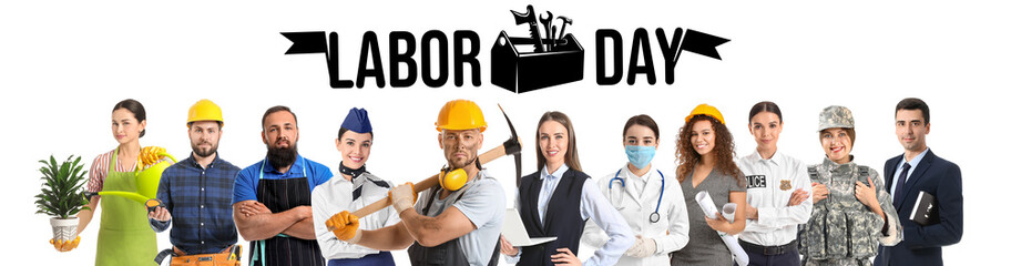 Many people of different professions and text LABOR DAY on white background