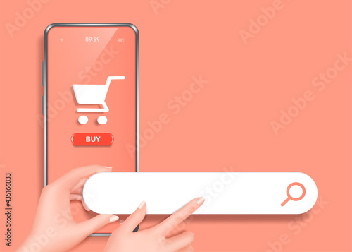 finger points to the web search icon and there is a shopping cart icon placed on the screen of the smartphone and all object on pastel pink background,vector 3d isolated for shopping online concept