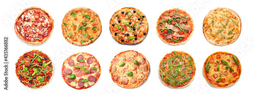 Set of delicious pizzas on white background