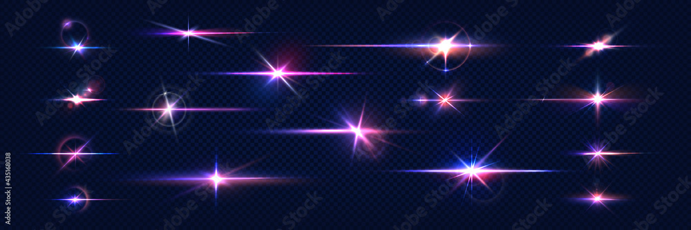 Sparkle light. Lens flares. Realistic shine effect. Glowing stars and camera flashes. Glittering elements set with blue and violet gradient. Bright starlight. Vector blinding glares