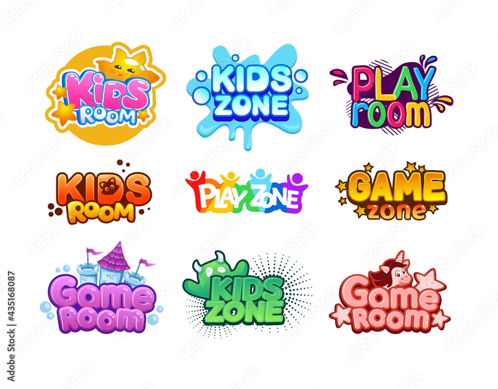 Kids zone. Cartoon children playroom. Entertaining playground logo set