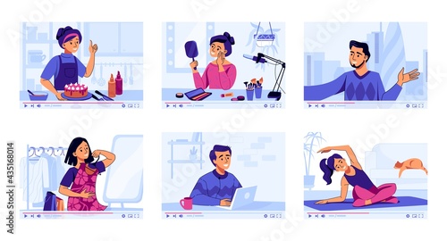 Video channel. Cartoon vlog. Cooking and travel blogs. Internet content about fashion or beauty. Multimedia player. Education courses set. Vector vloggers record reviews and tutorials