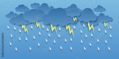 Paper cut stormy sky. Origami clouds with rain and lightning. Rainfall or thunderbolts. Cloudy heaven. Weather template. Meteorology forecast. Applique design. Vector overcast background