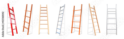 Realistic staircase. 3D wooden or metal stairs constructions. Isolated stepladders lean on wall. Repairs equipment for climbing. Building tools set. Vector ladders with shadow effect