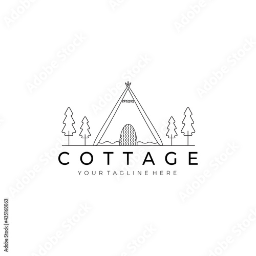 cottage or cabin line art logo design illustration vector. outdoor nature camp creative building minimalist monoline outline linear simple stateroom lodge hut cot shack shed