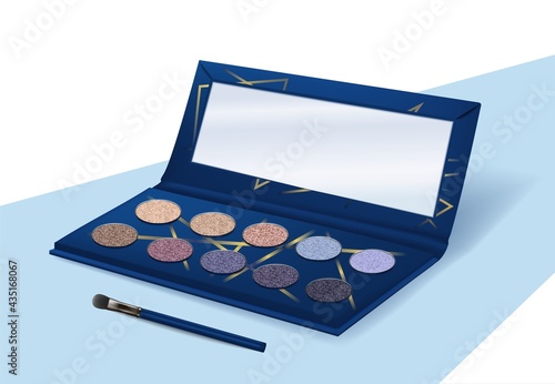 Realistic eyeshadow. Makeup palette. Shimmering powder kit. Opened container with mirror and eye brush. Glittering decorative cosmetic paint for face. Vector beauty product packaging