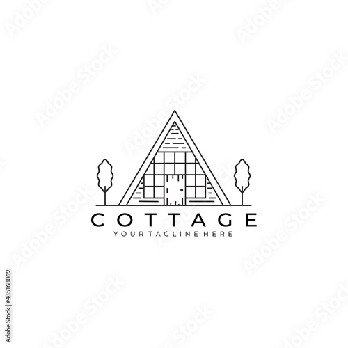 cottage or cabin logo line art vector illustration design. creative outdoor camp nature building minimalist monoline outline linear simple stateroom lodge hut cot shack shed