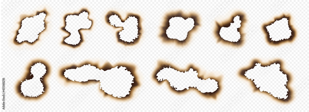 Burnout holes. Realistic paper pages with burn edges and brown corners. Fire-damaged sheets effects on transparent background. Spoiled charred documents. Vector grunge elements set Burnout holes. Realistic paper pages with burn edges and brown corners. Fire-damaged sheets effects on transparent background. Spoiled charred documents. Vector grunge elements set