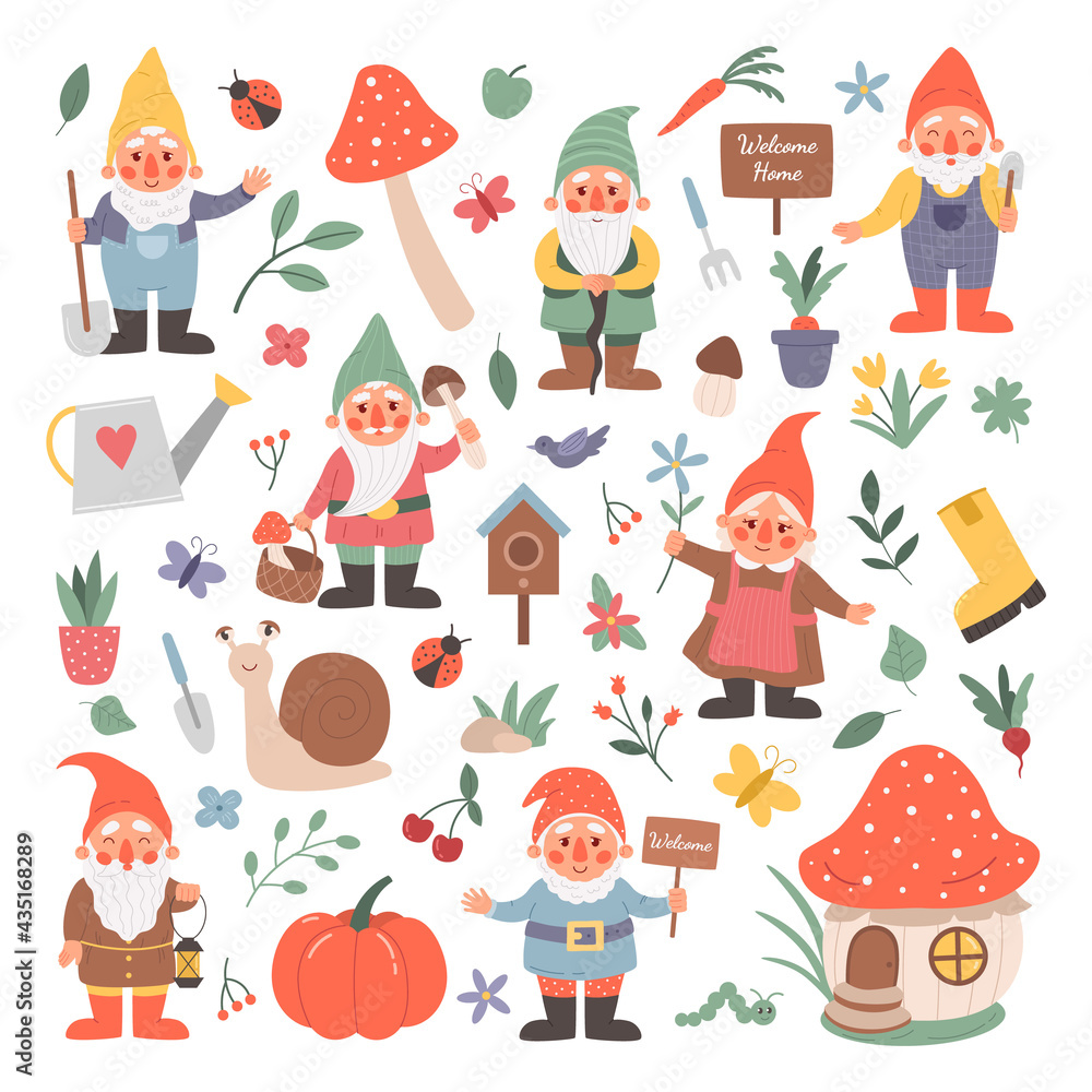 Obraz premium Garden gnomes. Cartoon fairy tale creatures with flowers and mushrooms. Isolated fictional characters set and floral decorative elements. Vector dwarfs holding agricultural instruments