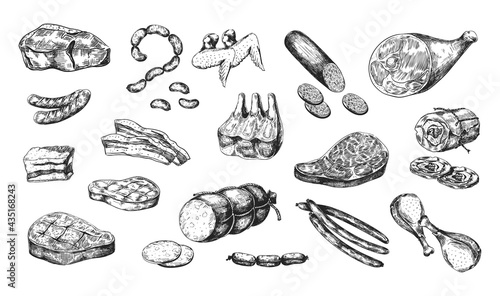 Hand drawn meat products. Parts of pork and beef, pieces with bones or fillets. Smoked chicken. Sausages and ham. Butchery shop menu. Cooking ingredients. Vector monochrome food set