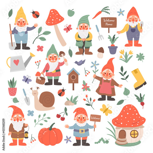 Garden gnomes. Cartoon fairy tale creatures with flowers and mushrooms. Isolated fictional characters set and floral decorative elements. Vector dwarfs holding agricultural instruments