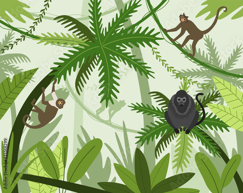 Monkeys in jungle. Cartoon apes climbing trees in rainforest. Exotic natural background with wild animals and foliage. Macaques and gibbons jumping on branches. Vector palm greenery