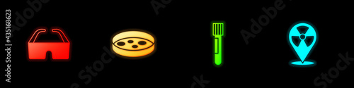 Set Safety goggle glasses, Petri dish with bacteria, Test tube and flask and Radioactive in location icon. Vector