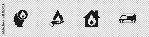 Set Firefighter, Hand holding a fire, burning house and truck icon. Vector