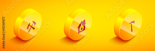 Set Isometric Firefighter axe, in burning house and icon. Vector
