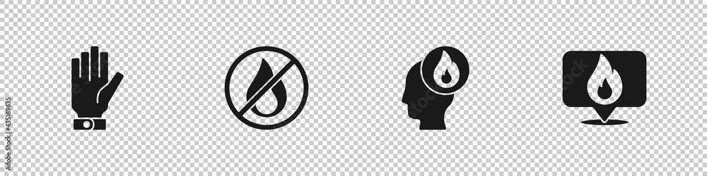 © Kostiantyn - Set Firefighter gloves, No fire, and Location with flame icon. Vector
