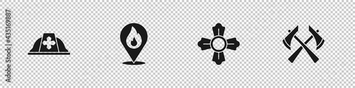 Set Firefighter helmet, Location with fire flame, and axe icon. Vector