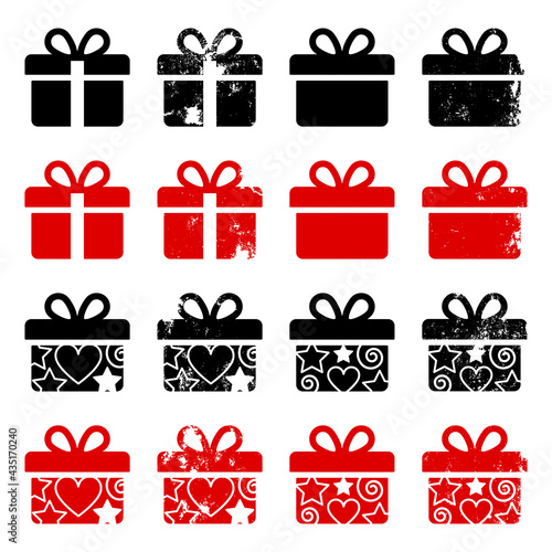 snvi18 SetNewVectorIllustration snvi - 16 Set - present gift box vector icons . black / red shape / filled and grunge version . simple flat - graphic design . AI10 / EPS10 . g10570