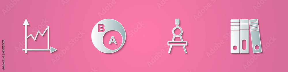 Set paper cut Graph, schedule, chart, diagram, Subsets, math, is subset of b, Drawing compass and Office folders icon. Paper art style. Vector Set paper cut Graph, schedule, chart, diagram, Subsets, math, is subset of b, Drawing compass and Office folders icon. Paper art style. Vector