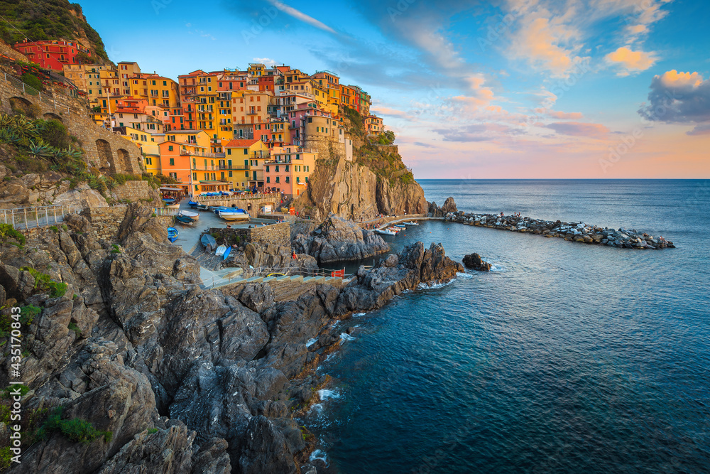Beautiful Manarola village view and colorful seaside buildings, Liguria, Italy