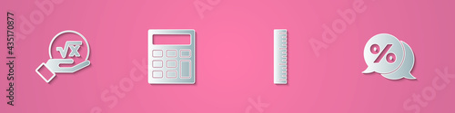 Set paper cut Square root of x glyph, Calculator, Ruler and Discount percent tag icon. Paper art style. Vector