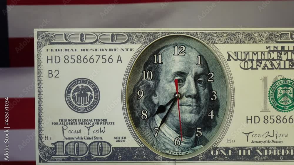 100dollar bill in the form of a watch, on the background of the flag