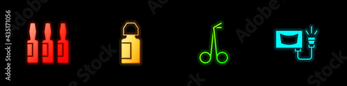 Set Medical vial, ampoule, Eye drop bottle, scissors and Ultrasound icon. Vector
