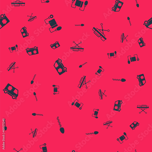 Set Sperm, Blood pressure, Emergency car and Stretcher on seamless pattern. Vector