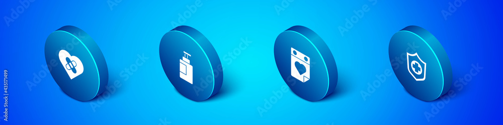 Set Isometric Healed broken heart, Doctor appointment, Life insurance hand and Hand sanitizer bottle icon. Vector Set Isometric Healed broken heart, Doctor appointment, Life insurance hand and Hand sanitizer bottle icon. Vector