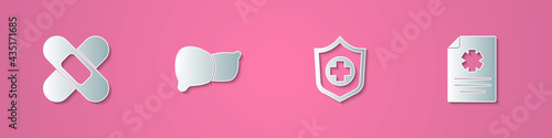 Set paper cut Crossed bandage plaster, Human organ liver, Life insurance in hand and Clinical record icon. Paper art style. Vector