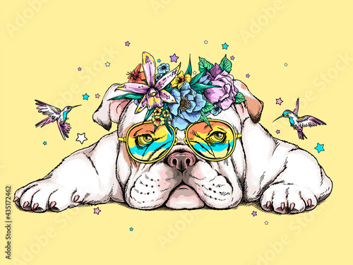 Cute english bulldog in a floral wreath. Beautiful illustration with dog and birds. Stylish summer image for printing on any surface	