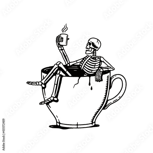 SKELETON SITTING IN A CUP BLACK WHITE BACKGROUND