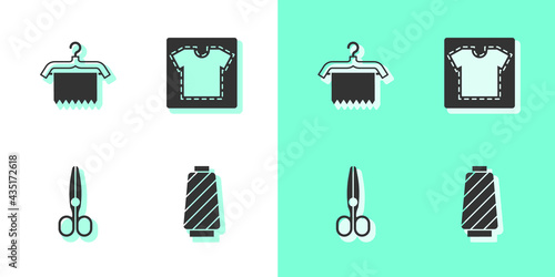 Set Sewing thread on spool, Hanger wardrobe, Scissors and pattern icon. Vector