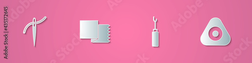 Set paper cut Needle with thread, Textile fabric roll, Awl tool and Sewing chalk icon. Paper art style. Vector