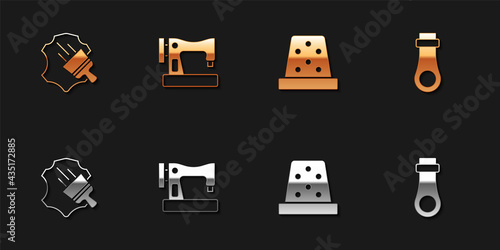 Set Leather, Sewing machine, Thimble for sewing and Zipper icon. Vector