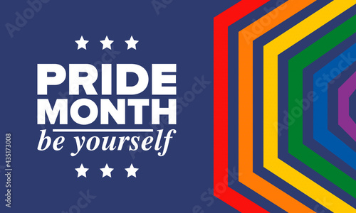 LGBTQIA Pride Month in June. Lesbian Gay Bisexual Transgender. Celebrated annual. LGBT flag. Rainbow love concept. Human rights and tolerance. Poster, card, banner and background. Vector illustration