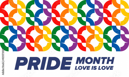 LGBTQIA Pride Month in June. Lesbian Gay Bisexual Transgender. Celebrated annual. LGBT flag. Rainbow love concept. Human rights and tolerance. Poster, card, banner and background. Vector illustration