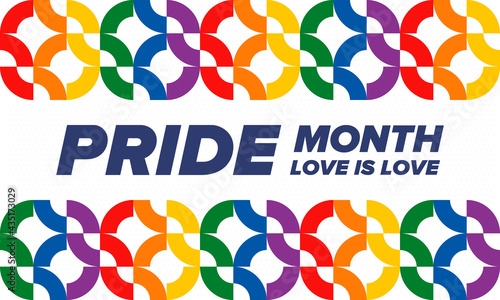 LGBTQIA Pride Month in June. Lesbian Gay Bisexual Transgender. Celebrated annual. LGBT flag. Rainbow love concept. Human rights and tolerance. Poster, card, banner and background. Vector illustration