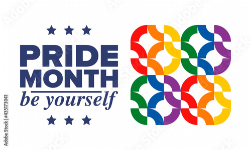 LGBTQIA Pride Month in June. Lesbian Gay Bisexual Transgender. Celebrated annual. LGBT flag. Rainbow love concept. Human rights and tolerance. Poster, card, banner and background. Vector illustration