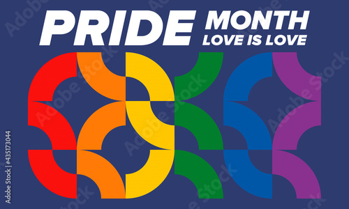 LGBTQIA Pride Month in June. Lesbian Gay Bisexual Transgender. Celebrated annual. LGBT flag. Rainbow love concept. Human rights and tolerance. Poster, card, banner and background. Vector illustration