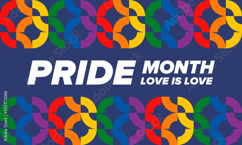 LGBTQIA Pride Month in June. Lesbian Gay Bisexual Transgender. Celebrated annual. LGBT flag. Rainbow love concept. Human rights and tolerance. Poster, card, banner and background. Vector illustration