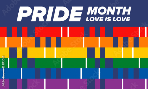 LGBTQIA Pride Month in June. Lesbian Gay Bisexual Transgender. Celebrated annual. LGBT flag. Rainbow love concept. Human rights and tolerance. Poster, card, banner and background. Vector illustration