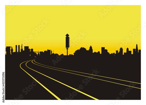 Railroad in perspective view with city buildings and industrial area silhouette background.