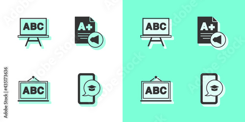 Set Graduation cap on mobile, Chalkboard, and Exam sheet with A plus grade icon. Vector