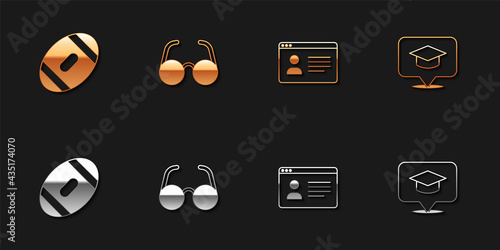 Set American Football ball, Glasses, Online class and Graduation cap speech bubble icon. Vector