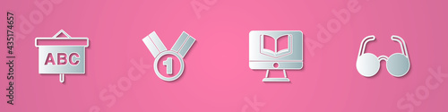 Set paper cut Chalkboard, Medal, Online class and Glasses icon. Paper art style. Vector