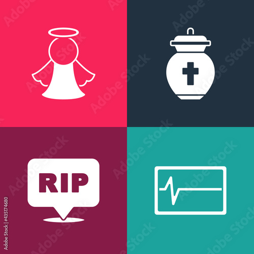 Set pop art Beat dead in monitor, Speech bubble rip death, Funeral urn and Angel icon. Vector